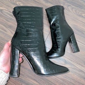 Black Crocodile Mid-Calf Booties